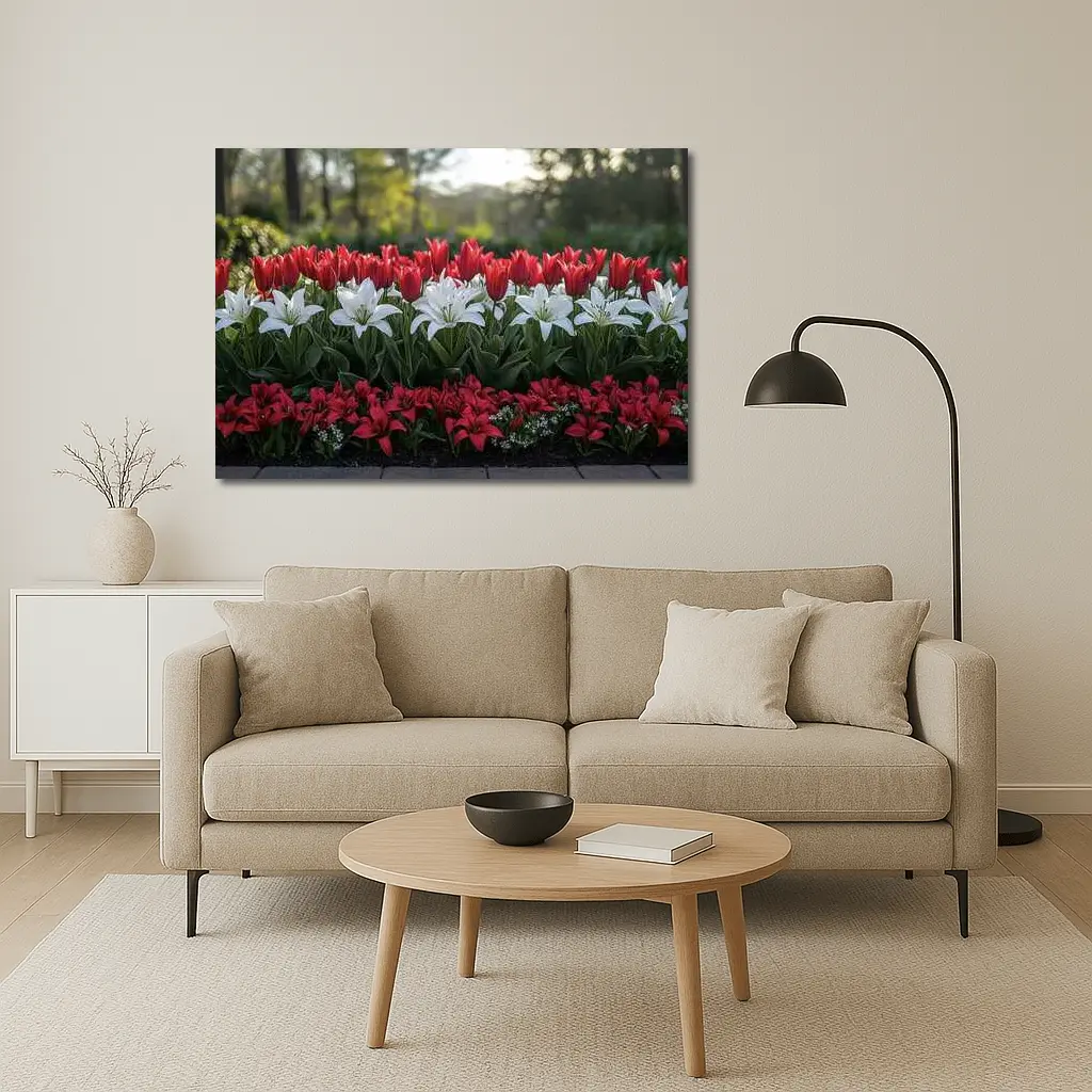 Red White Tulips Lilies Garden Flower Bed – Wall Art