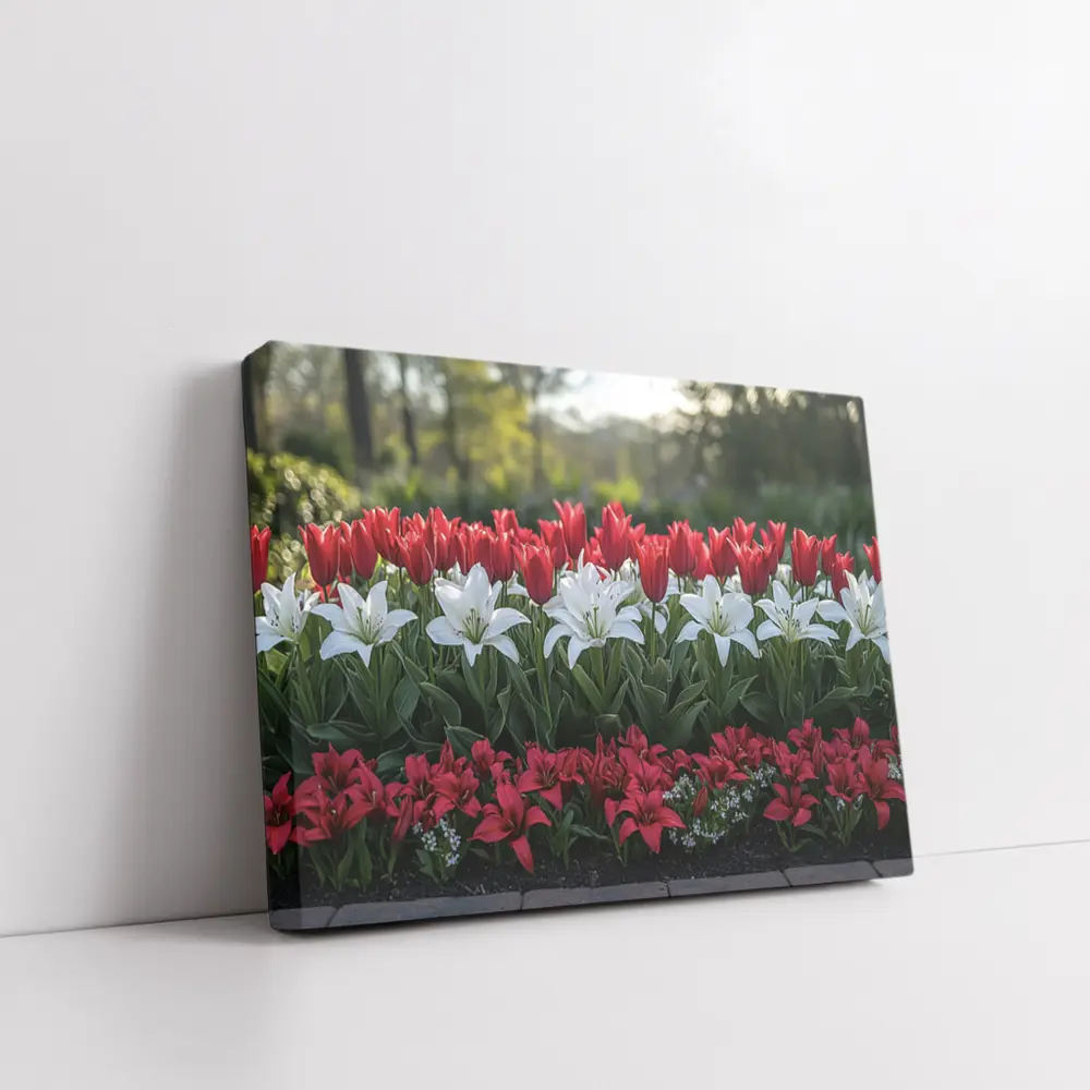 Red White Tulips Lilies Garden Flower Bed – Wall Art