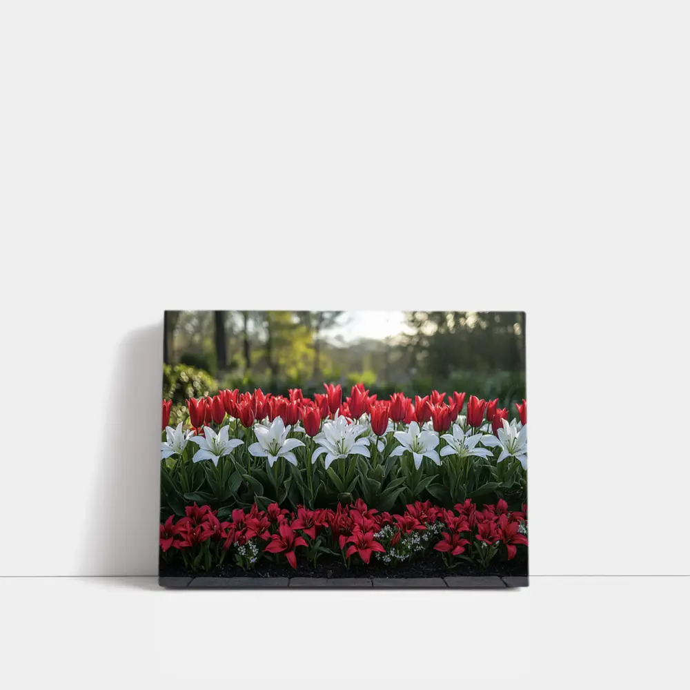 Red White Tulips Lilies Garden Flower Bed – Wall Art