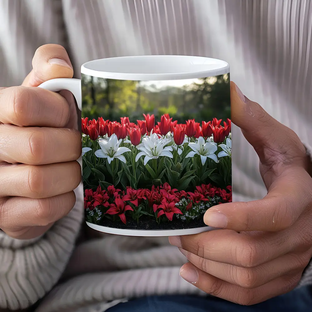 Red White Tulips Lilies Garden Flower Bed – Mugs