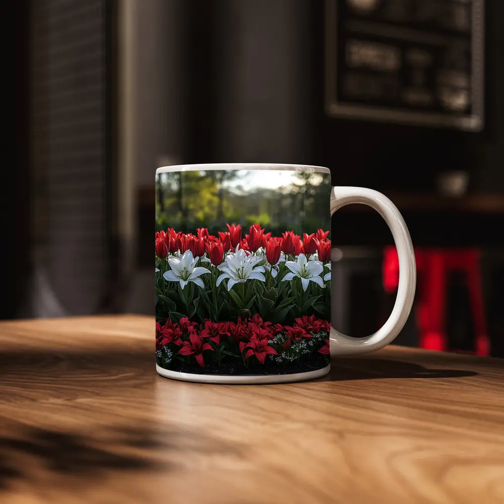 Red White Tulips Lilies Garden Flower Bed – Mugs