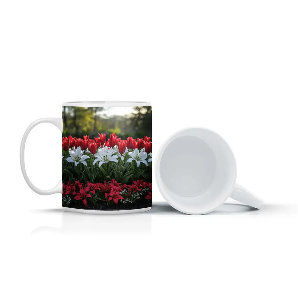 Red White Tulips Lilies Garden Flower Bed – Mugs