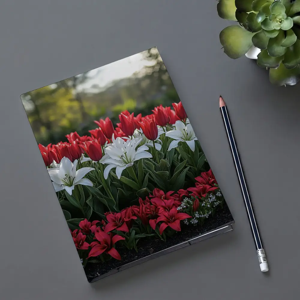 Red White Tulips Lilies Garden Flower Bed – Notebooks