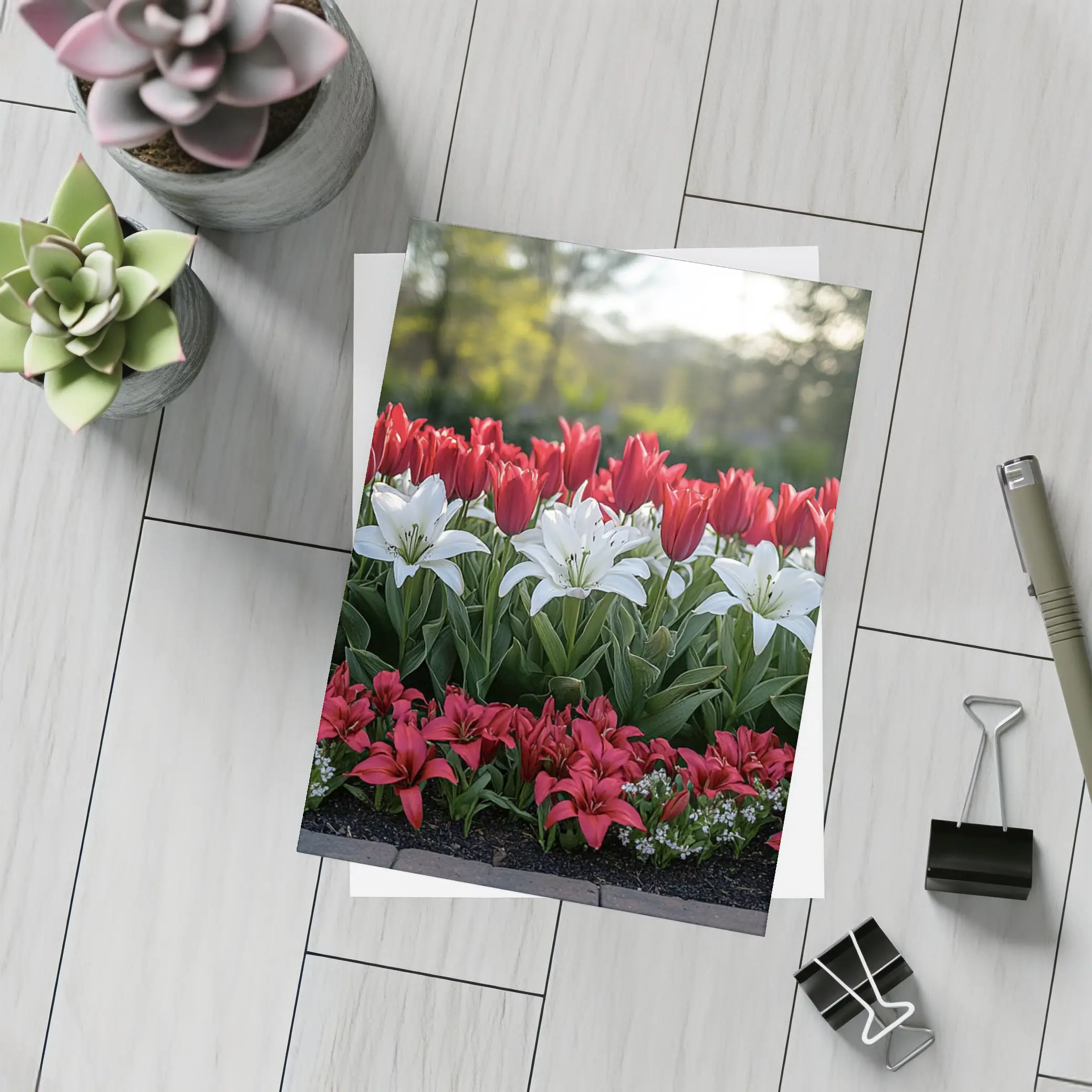 Red White Tulips Lilies Garden Flower Bed – Postcards