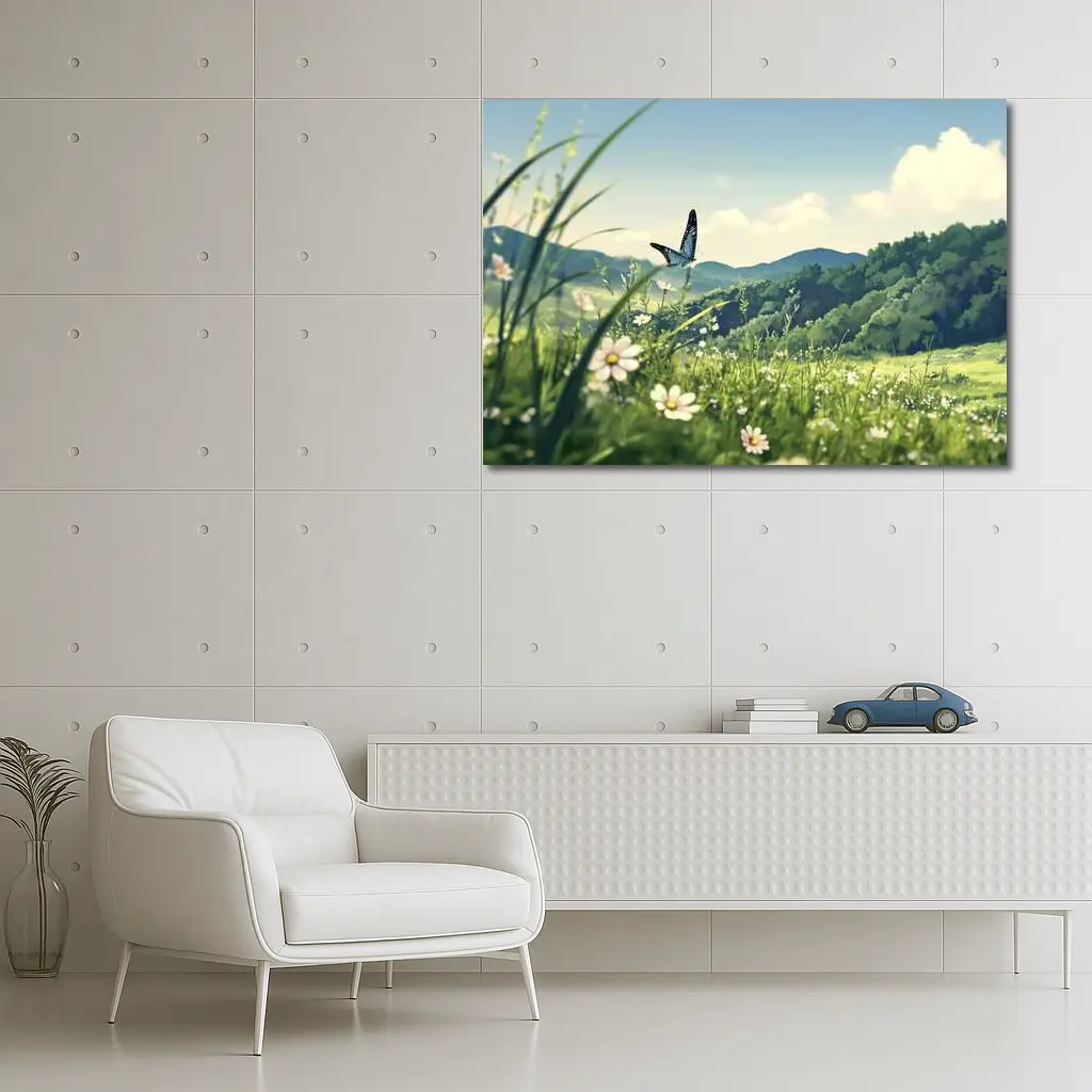 Blue Butterfly Meadow Daisies Green Hills – Wall Art