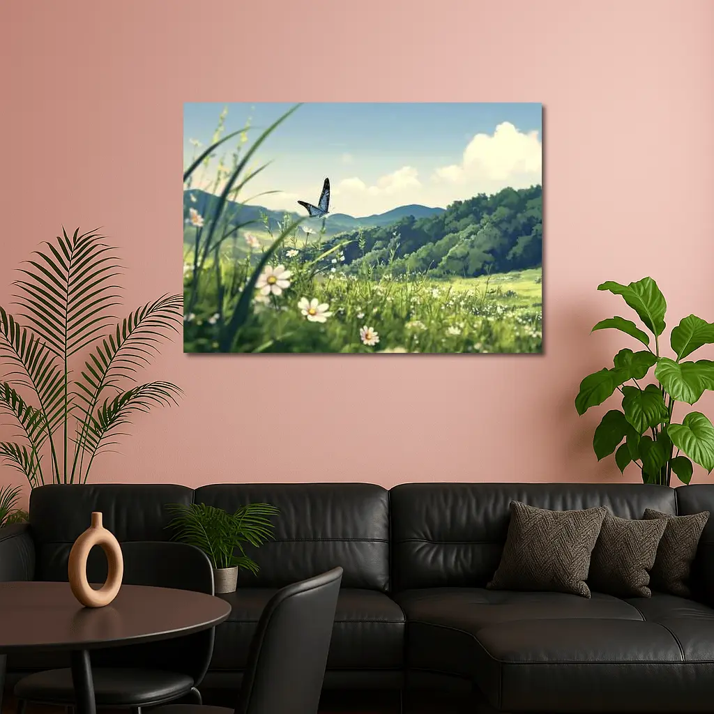 Blue Butterfly Meadow Daisies Green Hills – Wall Art