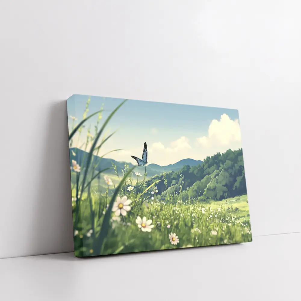 Blue Butterfly Meadow Daisies Green Hills – Wall Art