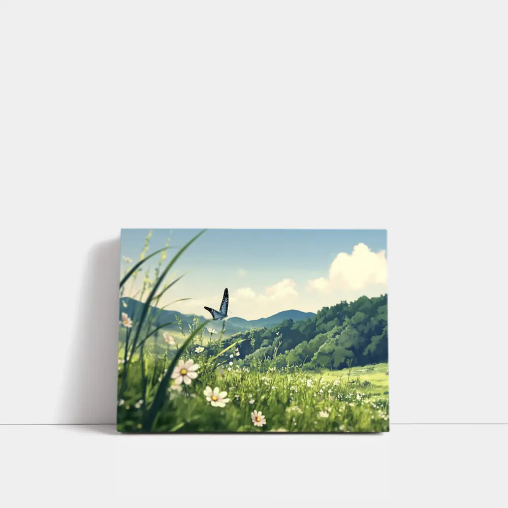 Blue Butterfly Meadow Daisies Green Hills – Wall Art