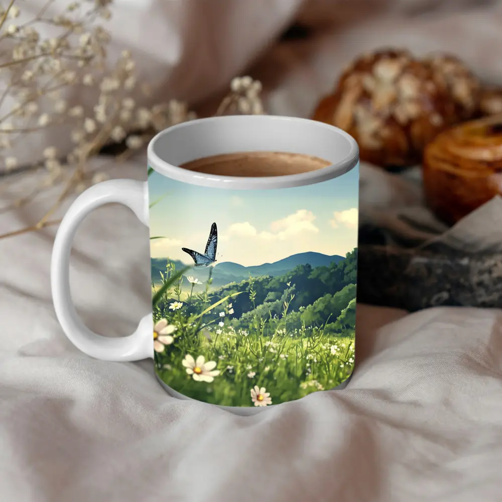 Blue Butterfly Meadow Daisies Green Hills – Mugs