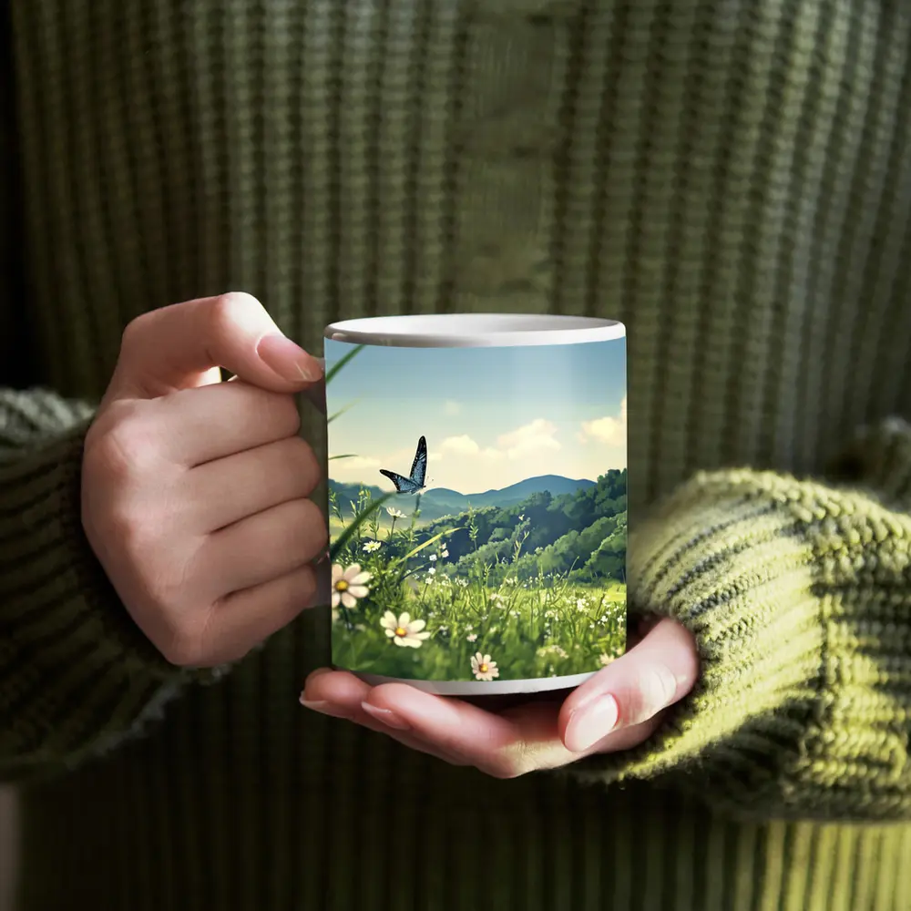 Blue Butterfly Meadow Daisies Green Hills – Mugs