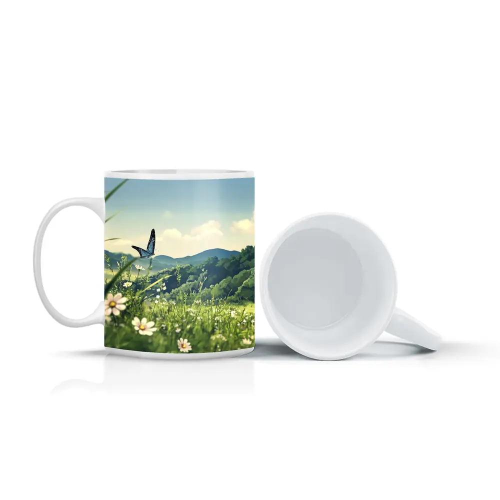 Blue Butterfly Meadow Daisies Green Hills – Mugs