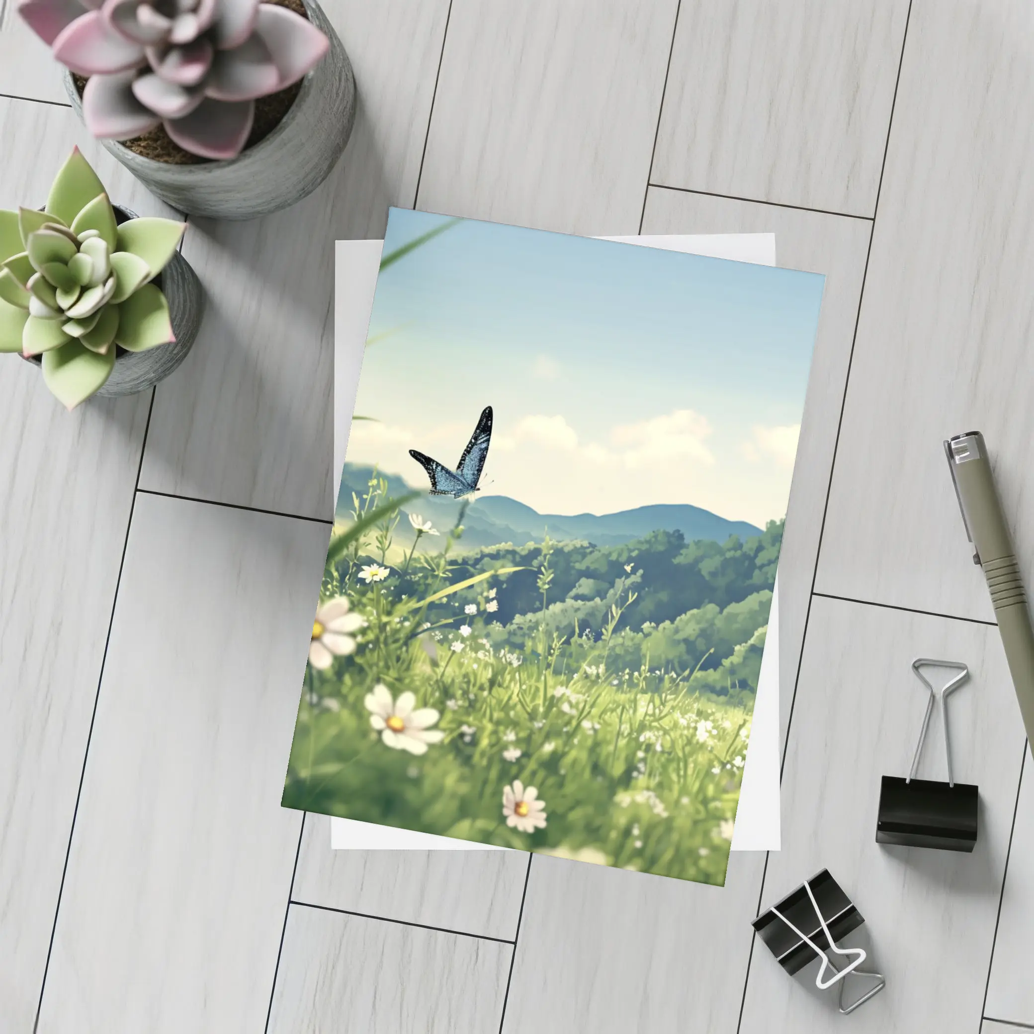 Blue Butterfly Meadow Daisies Green Hills – Postcards