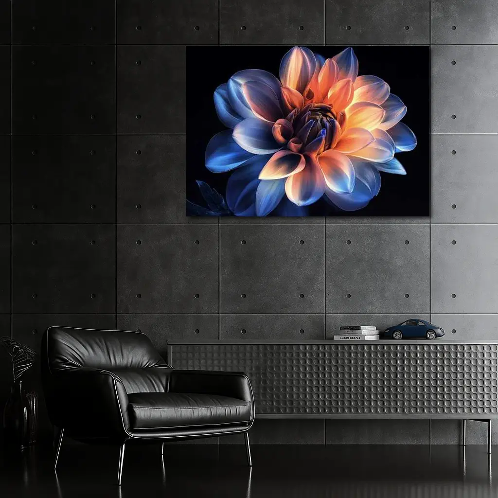 Dahlia Flower Blue Orange Dark Background – Wall Art