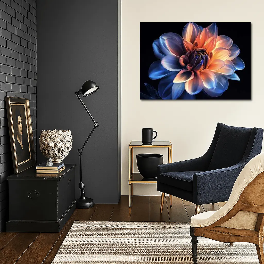 Dahlia Flower Blue Orange Dark Background – Wall Art
