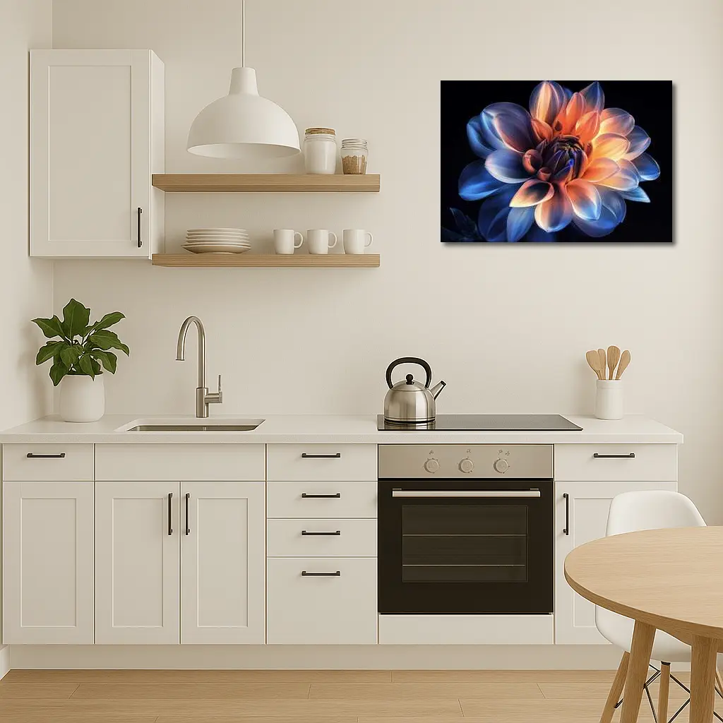 Dahlia Flower Blue Orange Dark Background – Wall Art