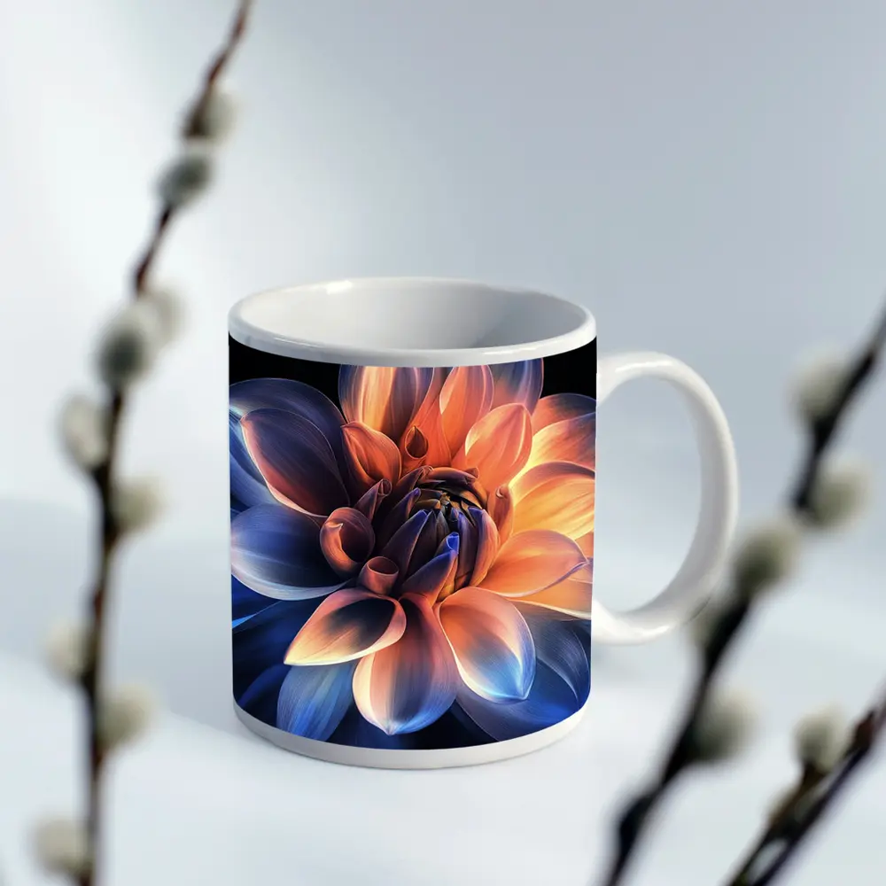 Dahlia Flower Blue Orange Dark Background – Mugs