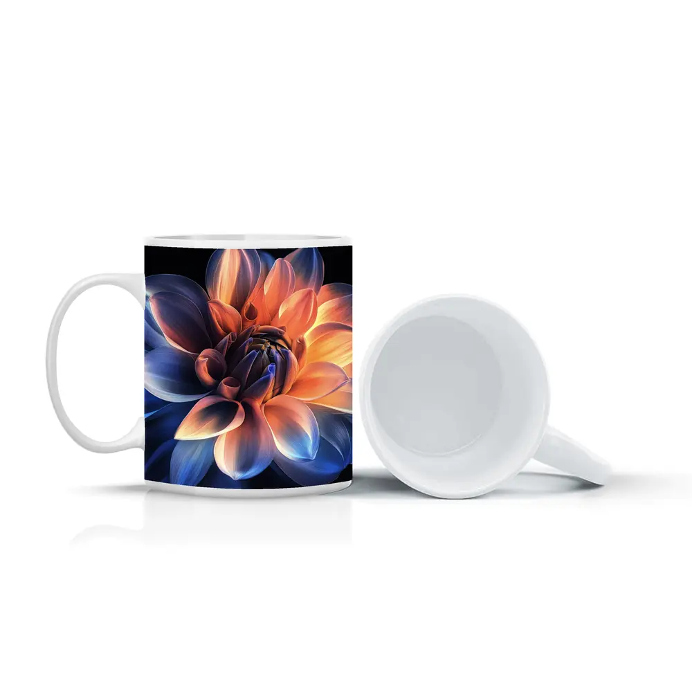 Dahlia Flower Blue Orange Dark Background – Mugs