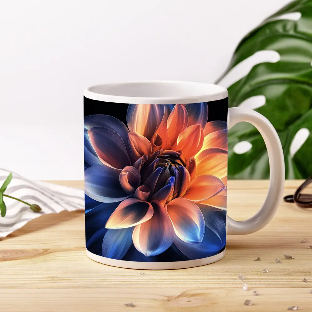 Dahlia Flower Blue Orange Dark Background – Mugs