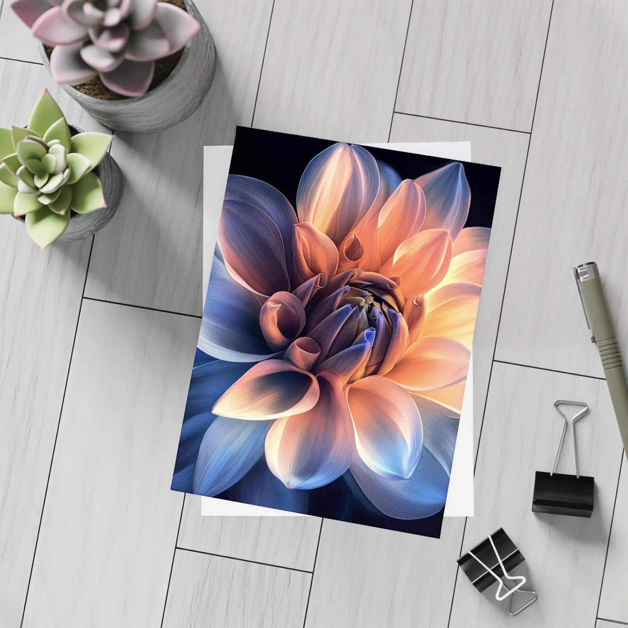 Dahlia Flower Blue Orange Dark Background – Postcards