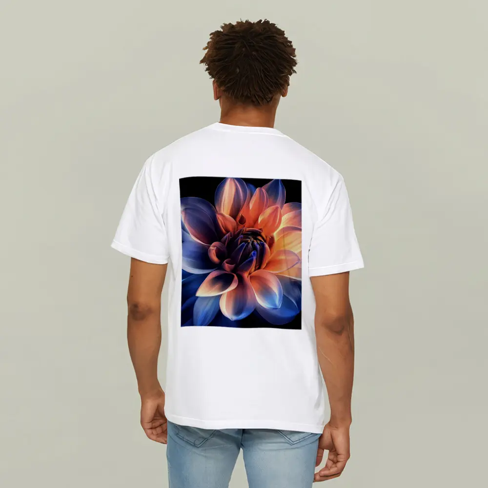 Dahlia Flower Blue Orange Dark Background – T-Shirts