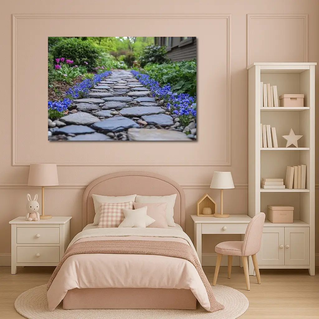 Stone Garden Path Blue Flowers Spring – Wall Art