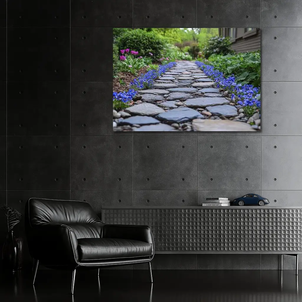 Stone Garden Path Blue Flowers Spring – Wall Art
