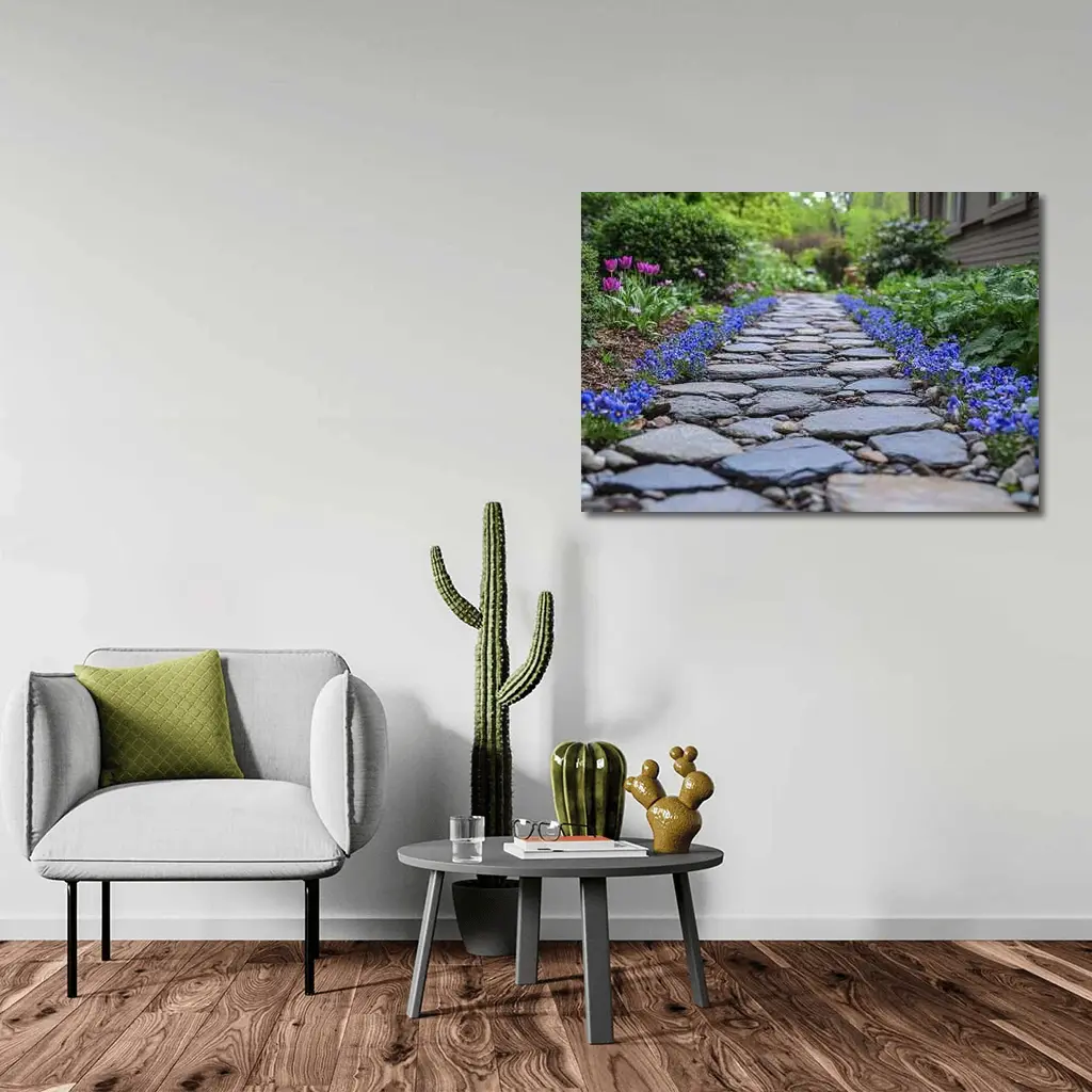 Stone Garden Path Blue Flowers Spring – Wall Art