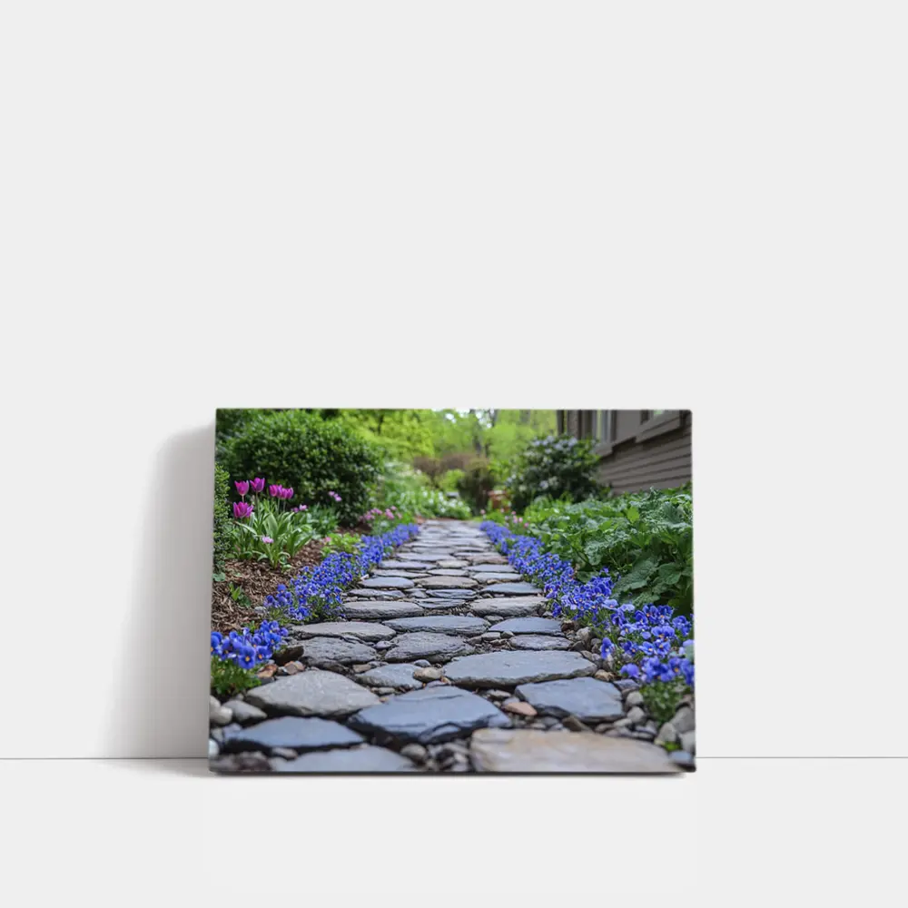 Stone Garden Path Blue Flowers Spring – Wall Art