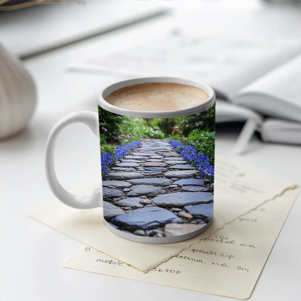 Stone Garden Path Blue Flowers Spring – Mugs