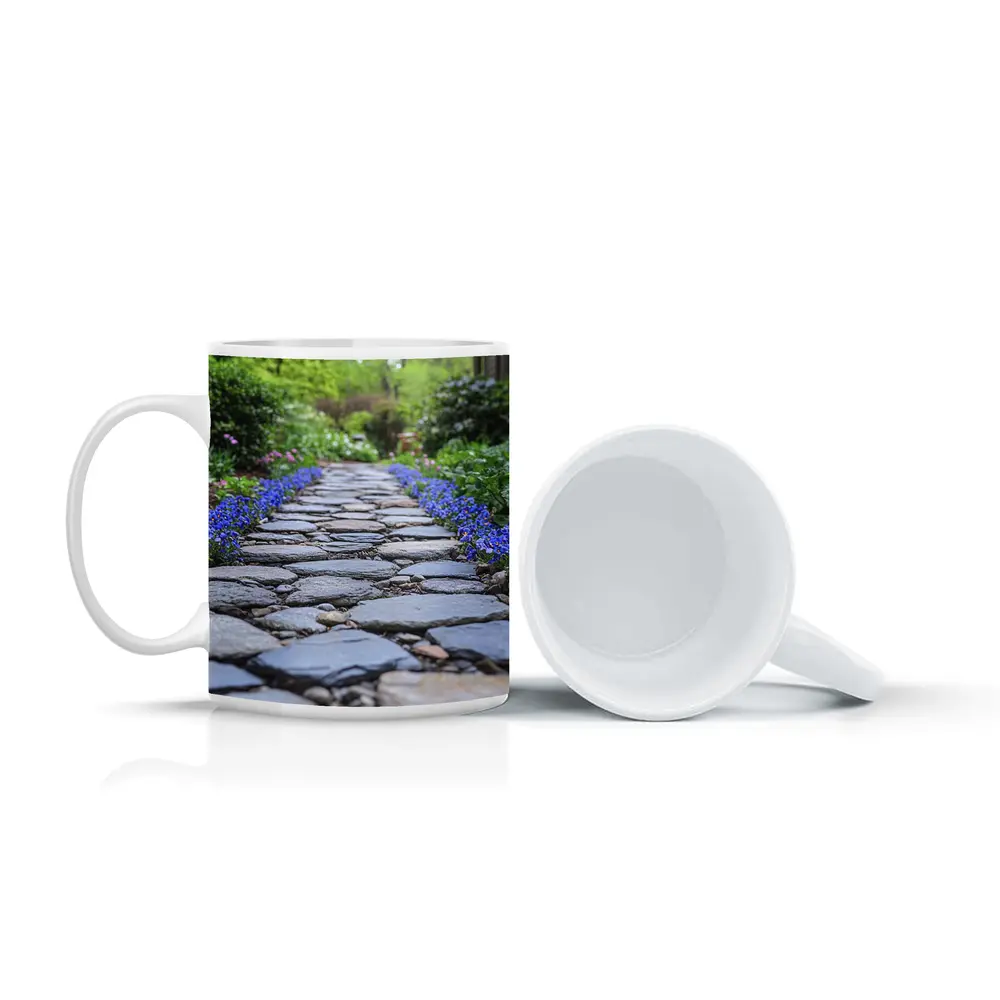 Stone Garden Path Blue Flowers Spring – Mugs
