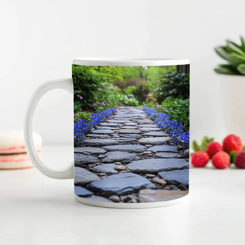 Stone Garden Path Blue Flowers Spring – Mugs