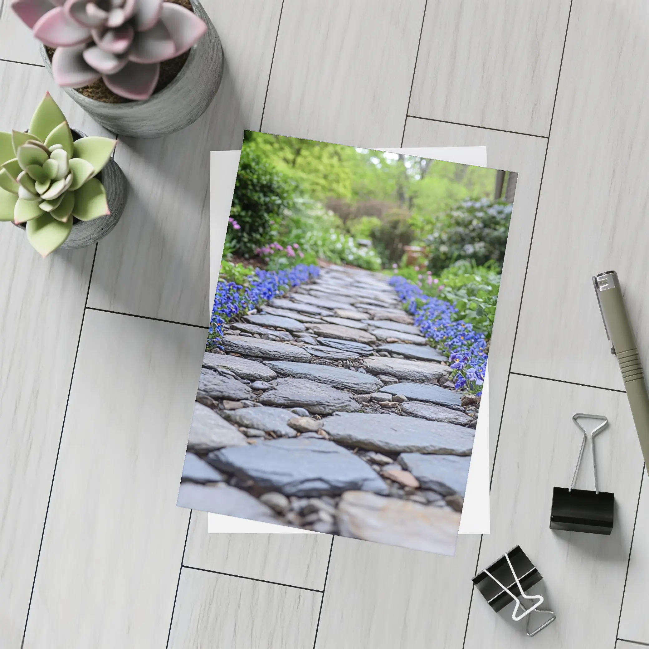 Stone Garden Path Blue Flowers Spring – Postcards