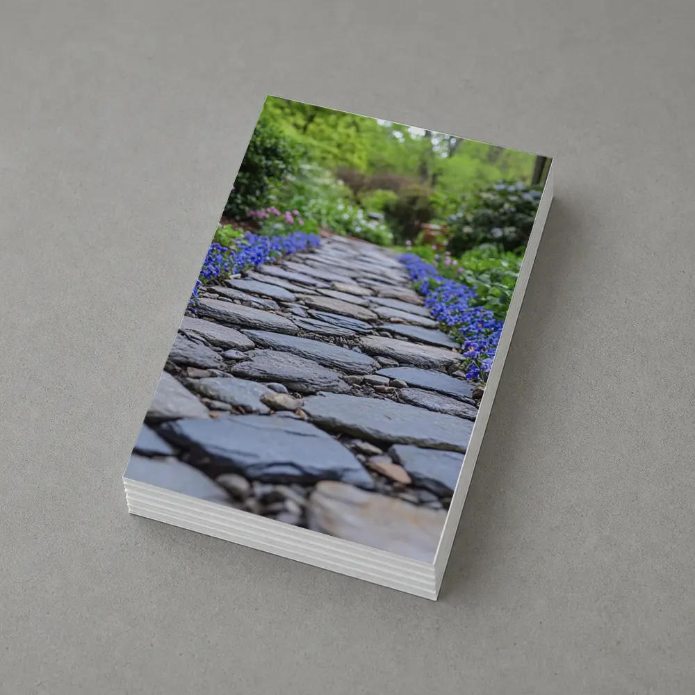 Stone Garden Path Blue Flowers Spring – Postcards