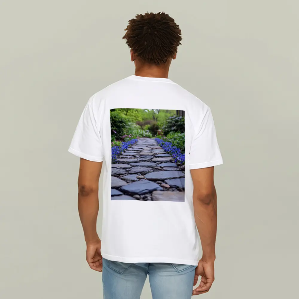 Stone Garden Path Blue Flowers Spring – T-Shirts