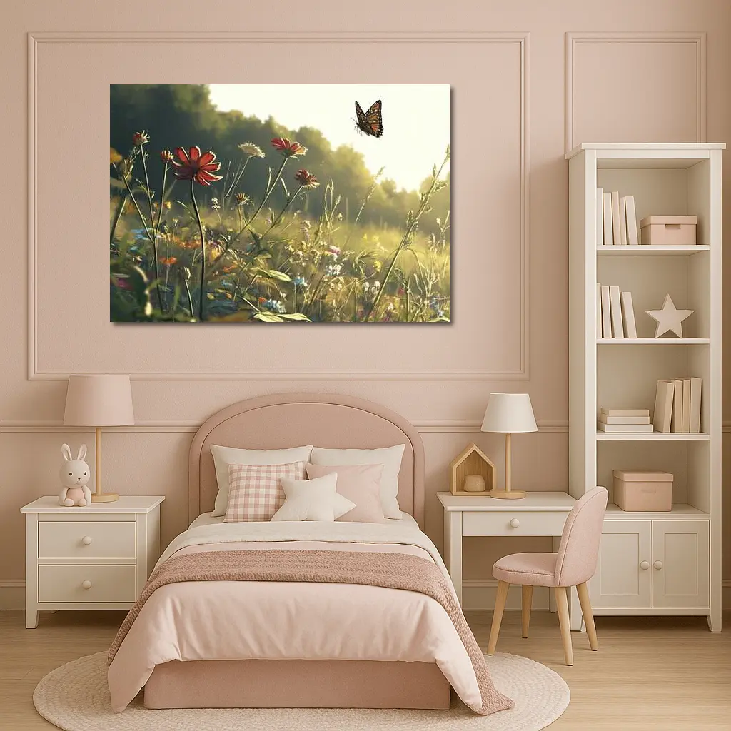 Monarch Butterfly Over Sunny Wildflower Meadow – Wall Art