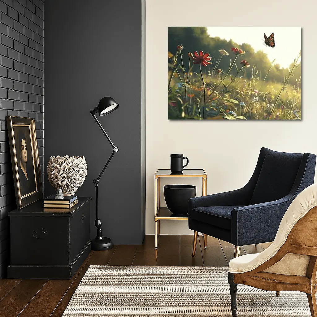 Monarch Butterfly Over Sunny Wildflower Meadow – Wall Art