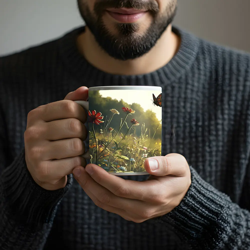Monarch Butterfly Over Sunny Wildflower Meadow – Mugs