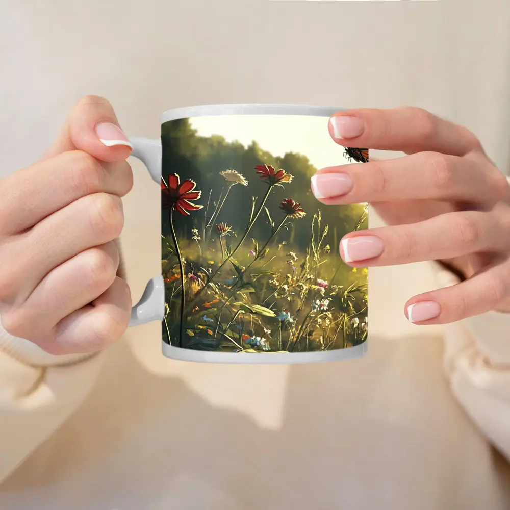 Monarch Butterfly Over Sunny Wildflower Meadow – Mugs