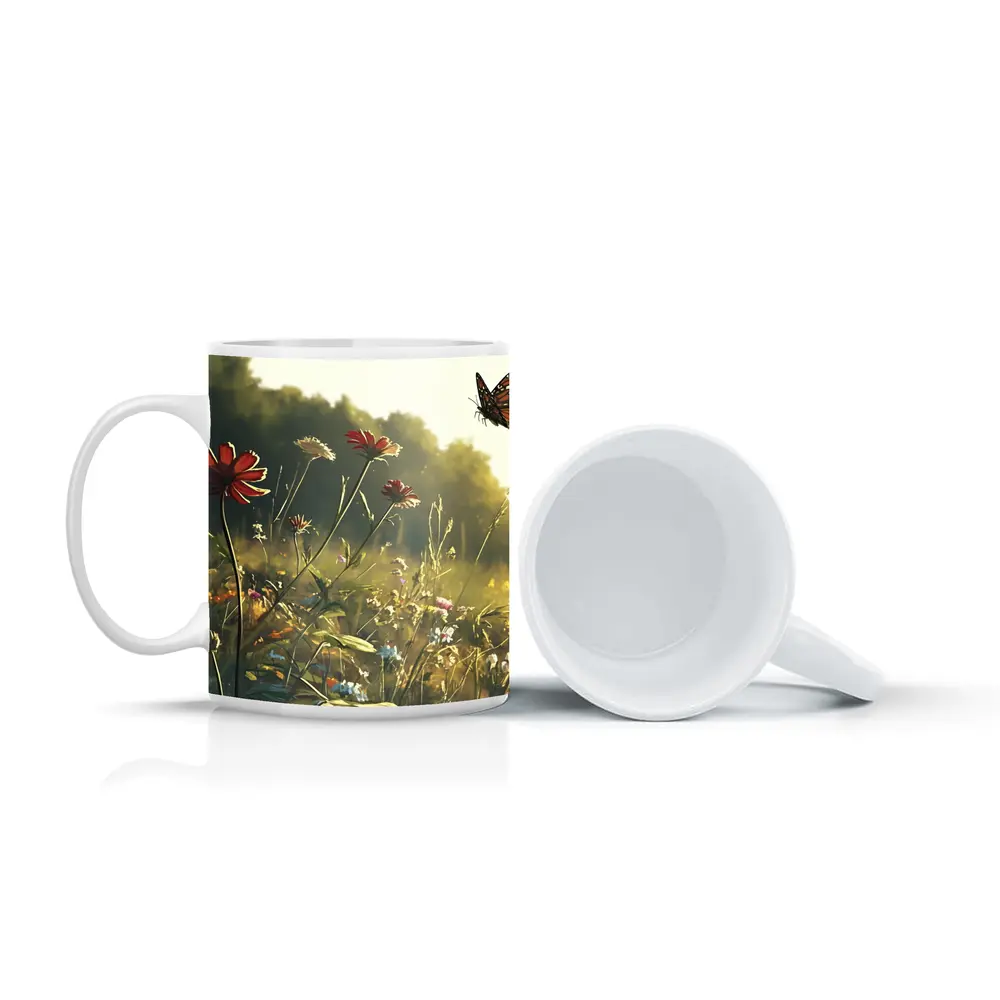 Monarch Butterfly Over Sunny Wildflower Meadow – Mugs