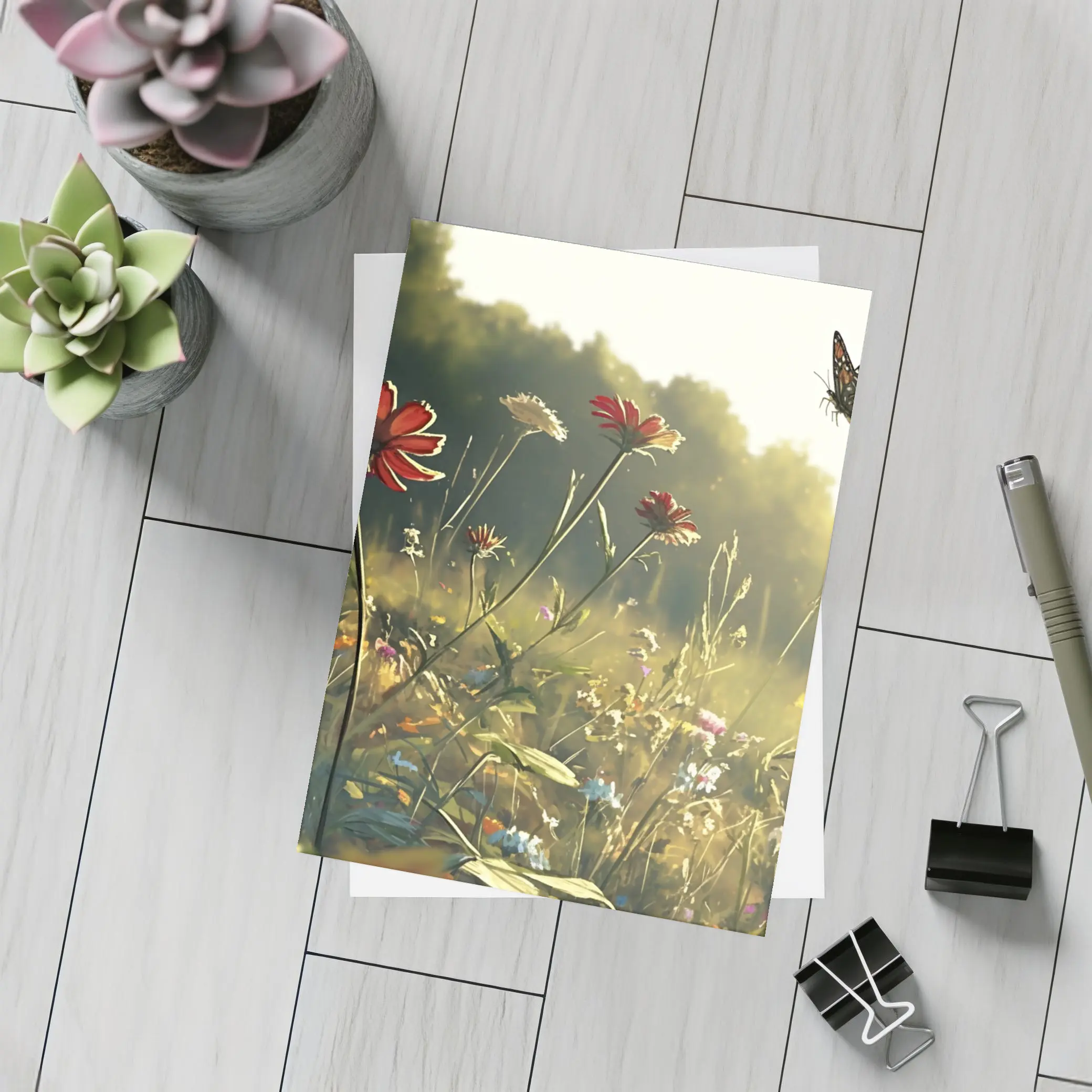 Monarch Butterfly Over Sunny Wildflower Meadow – Postcards