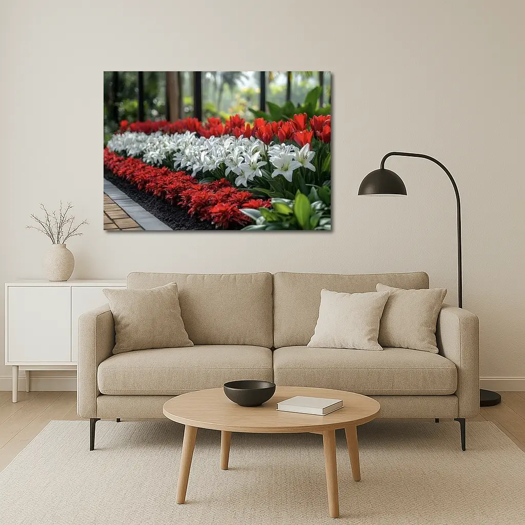 Red White Tulips Lilies Garden Tropical Setting – Wall Art