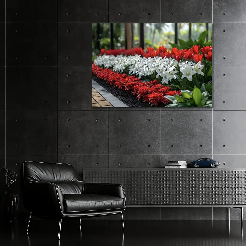 Red White Tulips Lilies Garden Tropical Setting – Wall Art