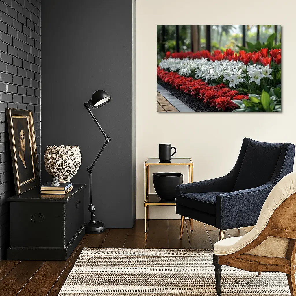 Red White Tulips Lilies Garden Tropical Setting – Wall Art