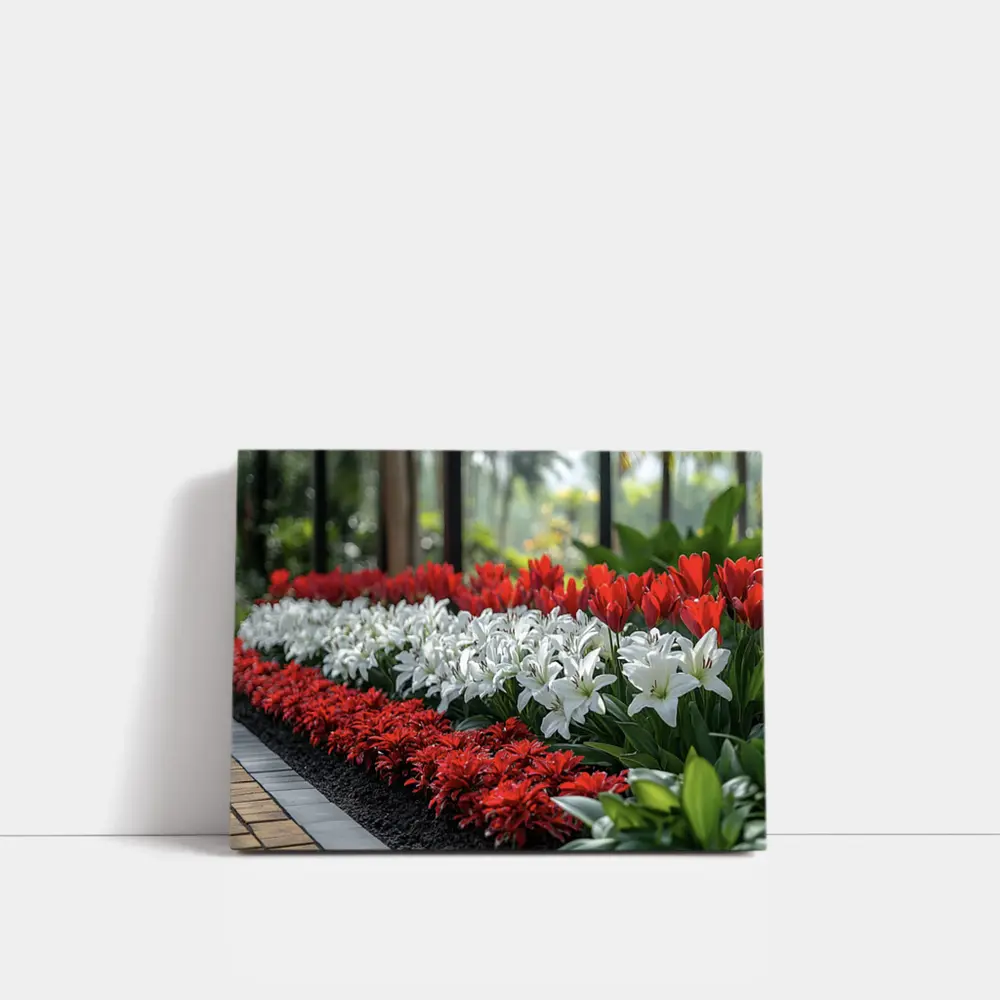 Red White Tulips Lilies Garden Tropical Setting – Wall Art