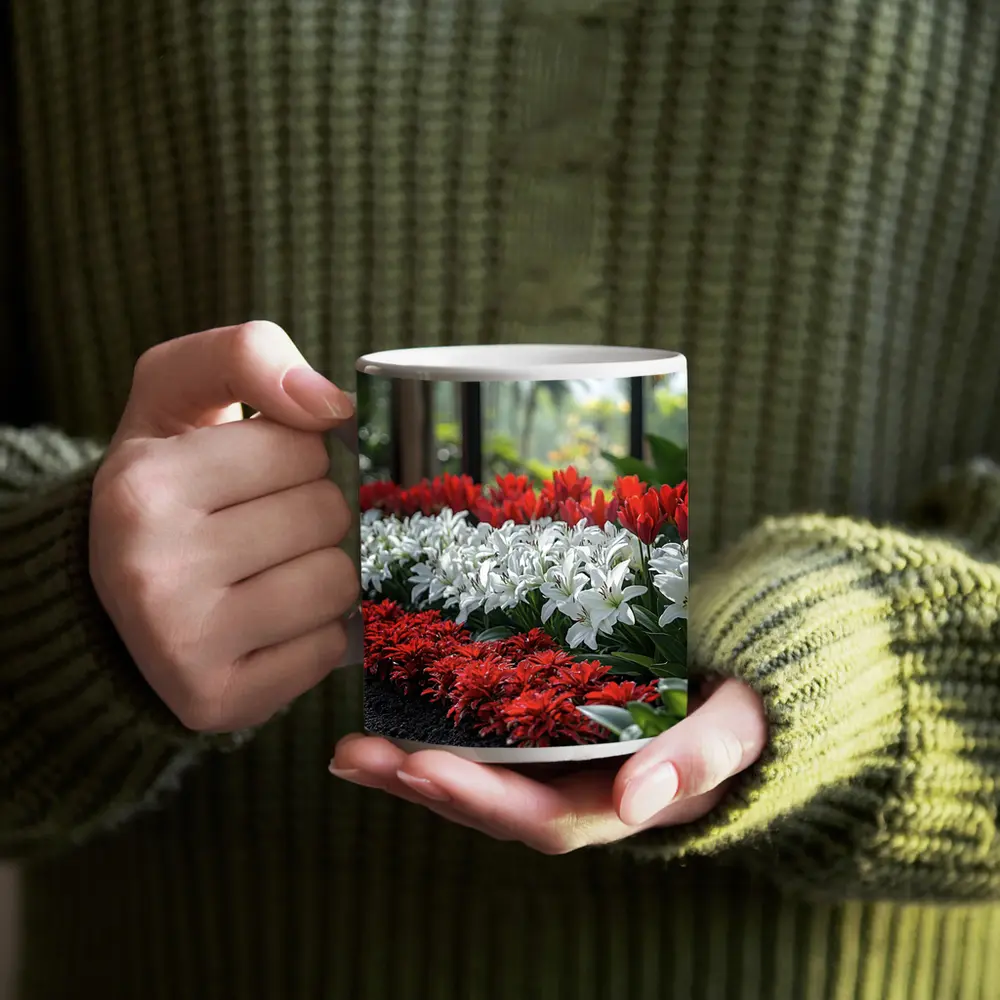 Red White Tulips Lilies Garden Tropical Setting – Mugs