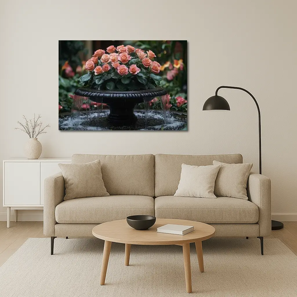 Peach Roses Garden Fountain Floral Arrangement – Wall Art