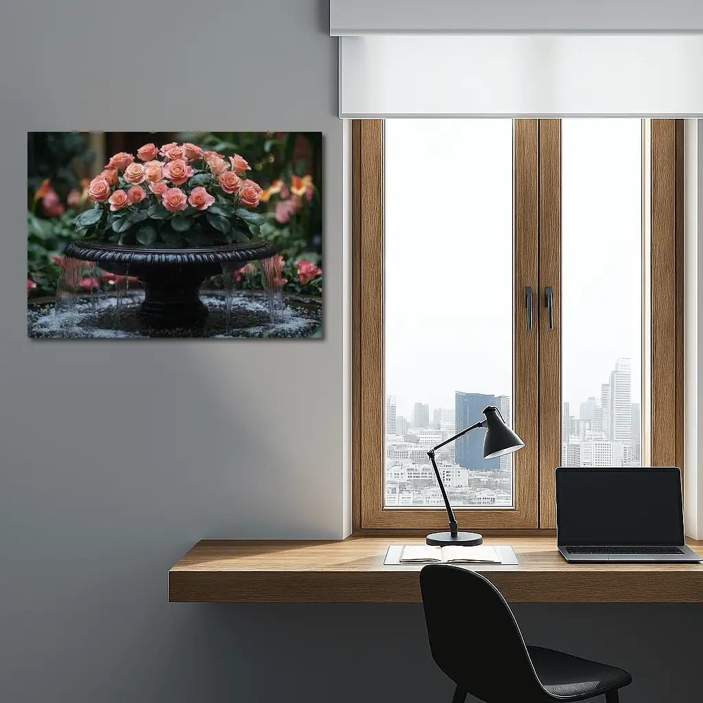 Peach Roses Garden Fountain Floral Arrangement – Wall Art