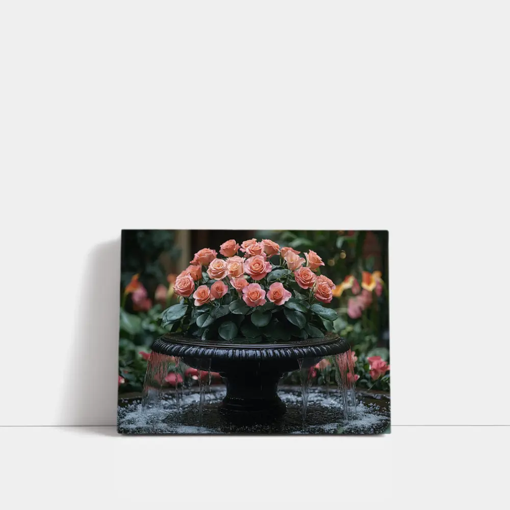 Peach Roses Garden Fountain Floral Arrangement – Wall Art