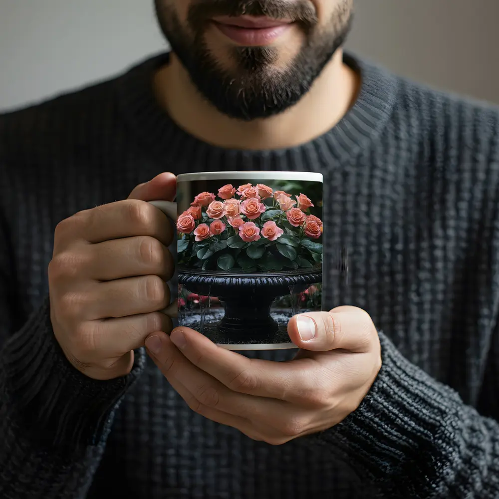 Peach Roses Garden Fountain Floral Arrangement – Mugs
