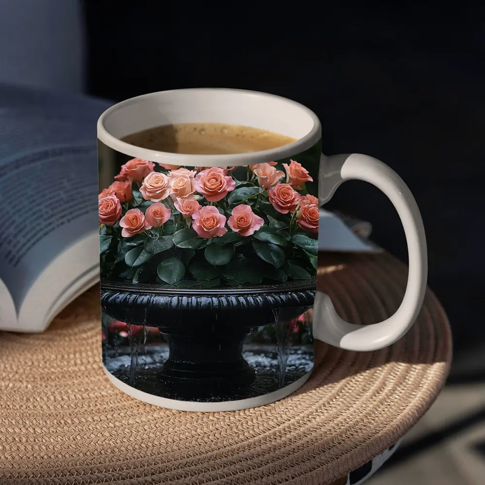 Peach Roses Garden Fountain Floral Arrangement – Mugs